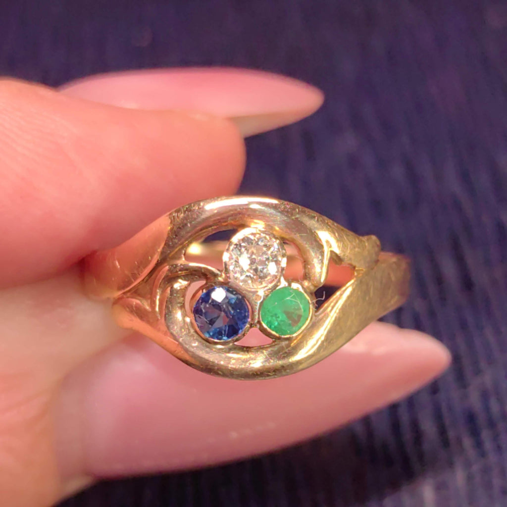 1900s Art Nouveau Natural Emerald Sapphire Diamond 14k Solid Yellow Rose Champagne Gold Vintage Antique Three Stone Elegant Engagement Ring