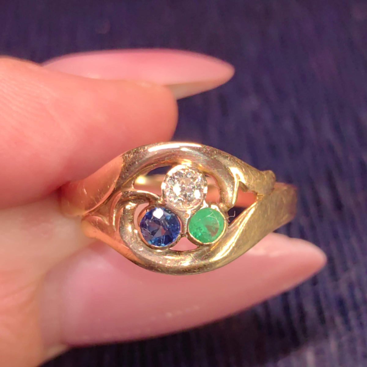 1900s Art Nouveau Natural Emerald Sapphire Diamond 14k Solid Yellow Rose Champagne Gold Vintage Antique Three Stone Elegant Engagement Ring