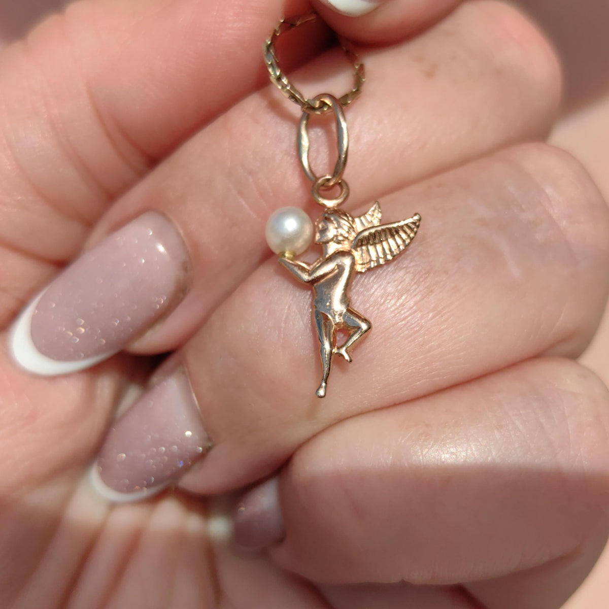 14k Hallmarked  Solid yellow Gold Cherub Cupid Pearl Pendant Valentines Day Vintage Love Charm Necklace Pendant Gift for Her Present