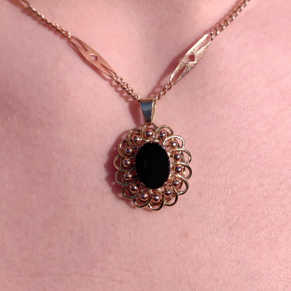 Vintage Black Onyx Yellow Gold Pendant - 1960s Statement Charm