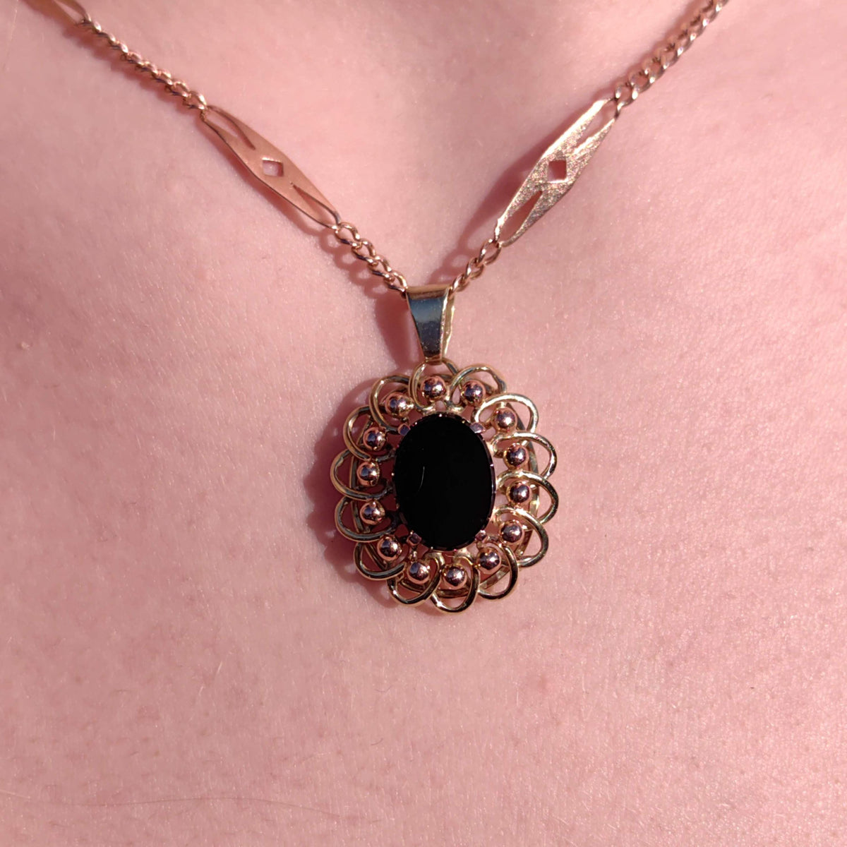 Vintage Black Onyx Yellow Gold Pendant - 1960s Statement Charm