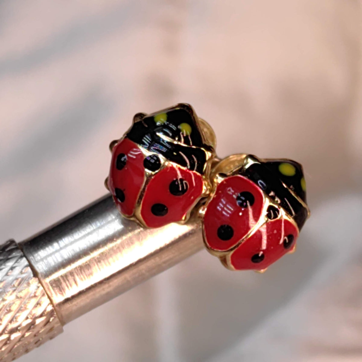 14k Gold Ladybug Stud Earrings: Red & Black Enamel, Retro Dainty Gift