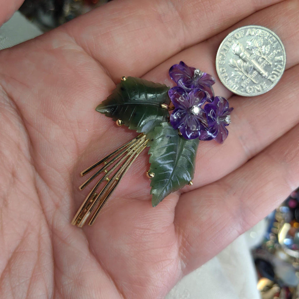 Antique 18k Gold Floral Brooch: Carved Amethyst, Jade & Diamond Violet Pin