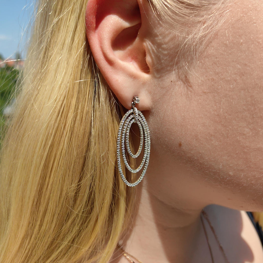 Natural Diamond Dangle 14k White Gold Pave Setting Earrings Elegant Wedding Jewelry Statement Large Oval Drop Dangle Earrings