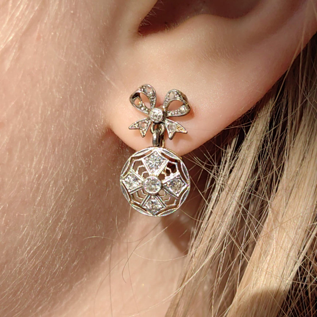 Art Deco Diamond Bow Earrings: 18k Gold Dangle Earrings, 1920s Vintage Style