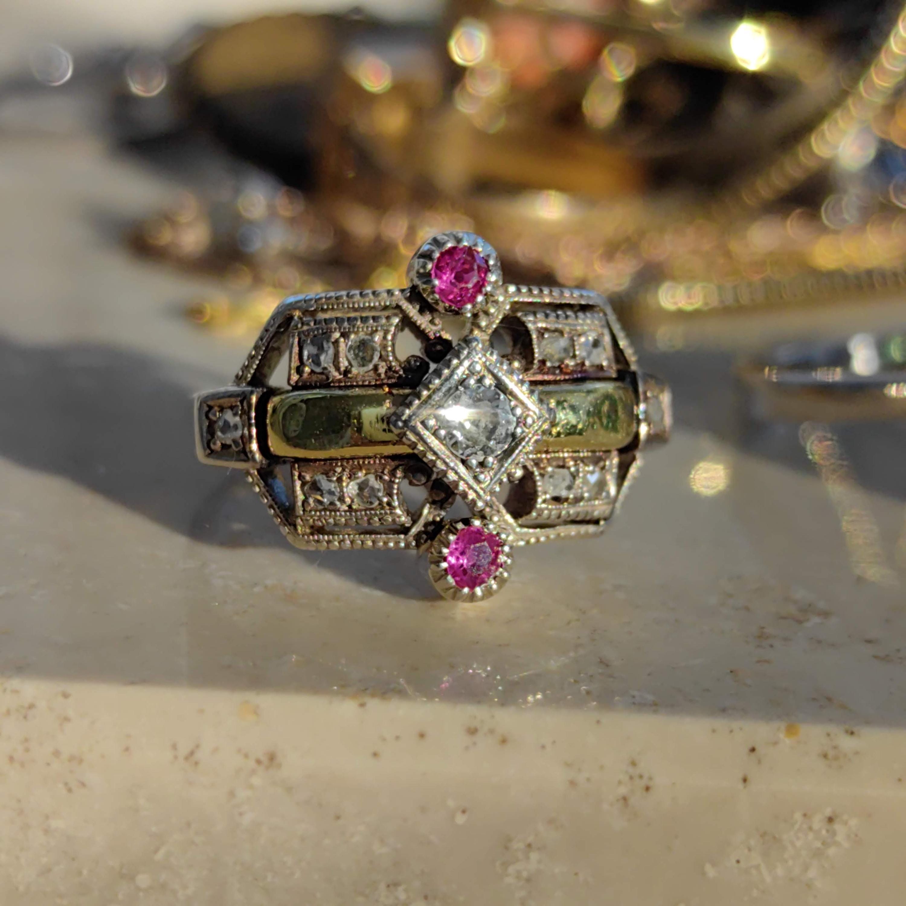 Art Deco Ruby Diamond Ring: 18k Yellow Gold Geometric Statement