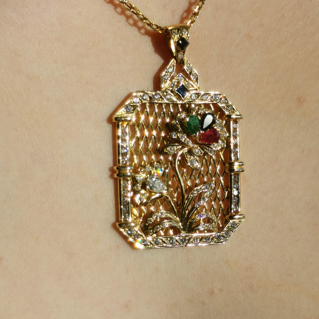 Art Deco 18k Gold Diamond Tutti Frutti Pendant: Emerald, Ruby, Sapphire