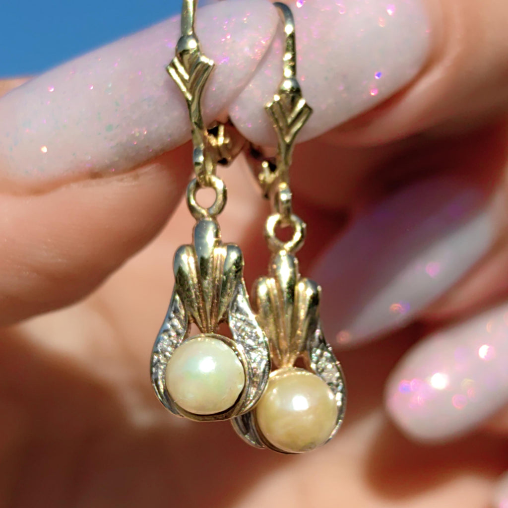 Vintage 14K Yellow Gold Dangle Earrings: Diamond & Cultured Pearl