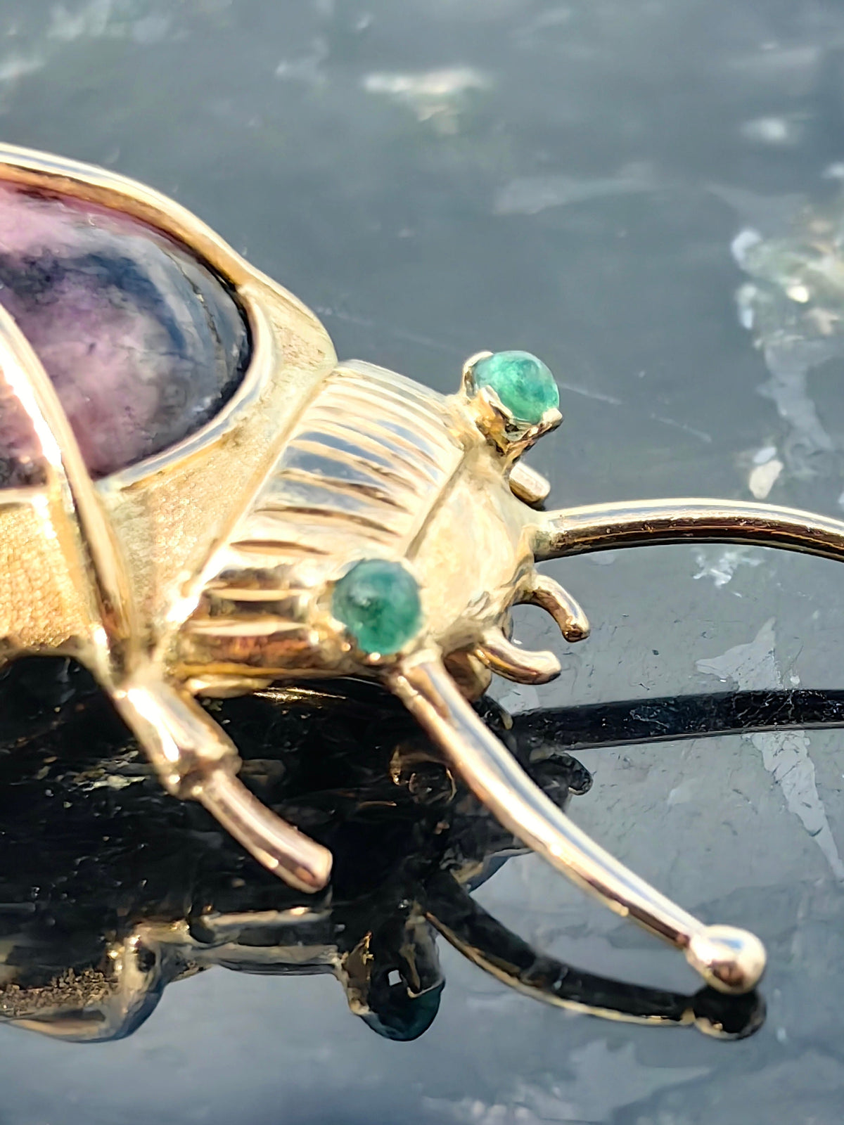 Antique Large Bug Heavy solid gold Jasper and Emerald Insect Pendant Brooch