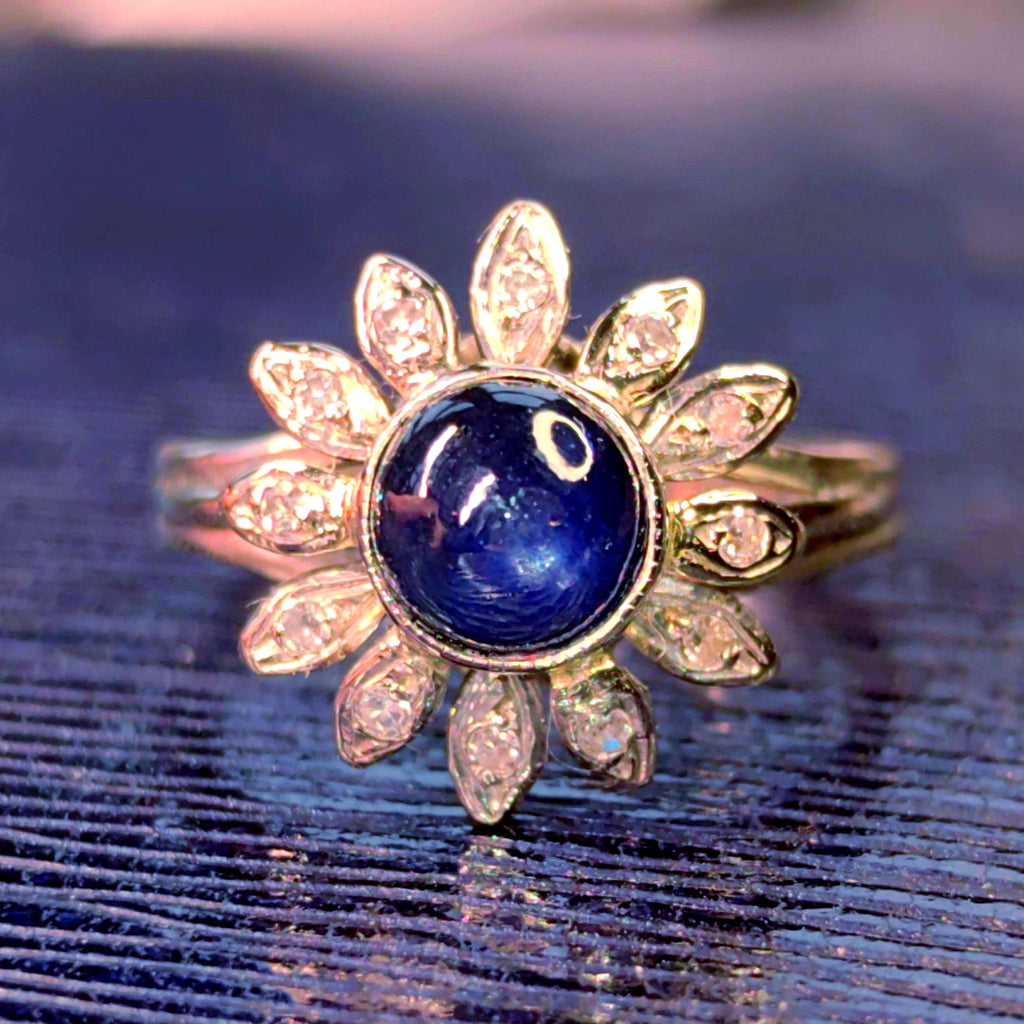 1940s Natural Blue Sapphire Diamond 18k Hallmarked White Gold Mid Century Flower Floral Engagement Antique Elegant Ring Gift for Her