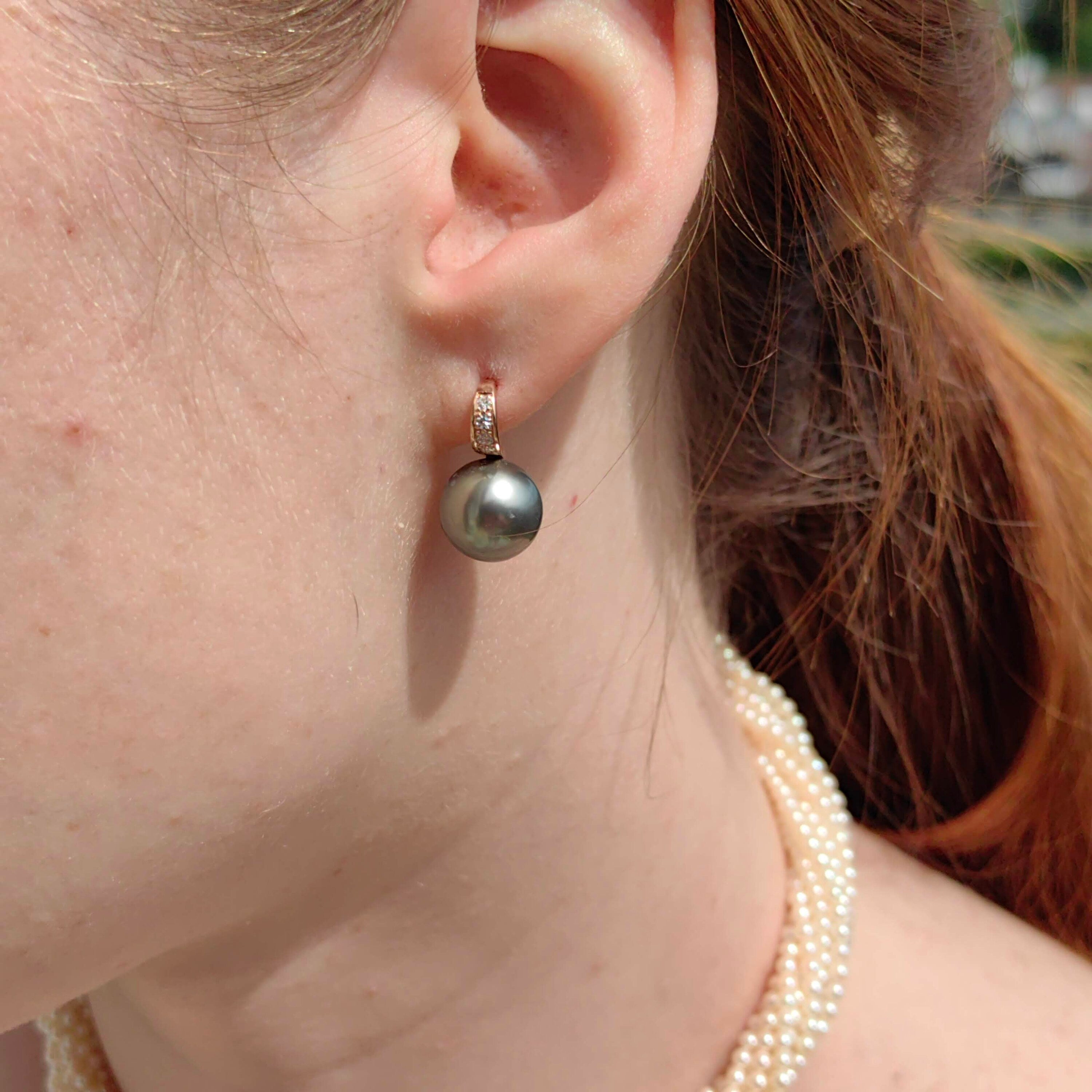 Vintage 15mmTahitian Cultured Franch Polinesia Pearl Diamond 14K Solid Gold Stud Earrings