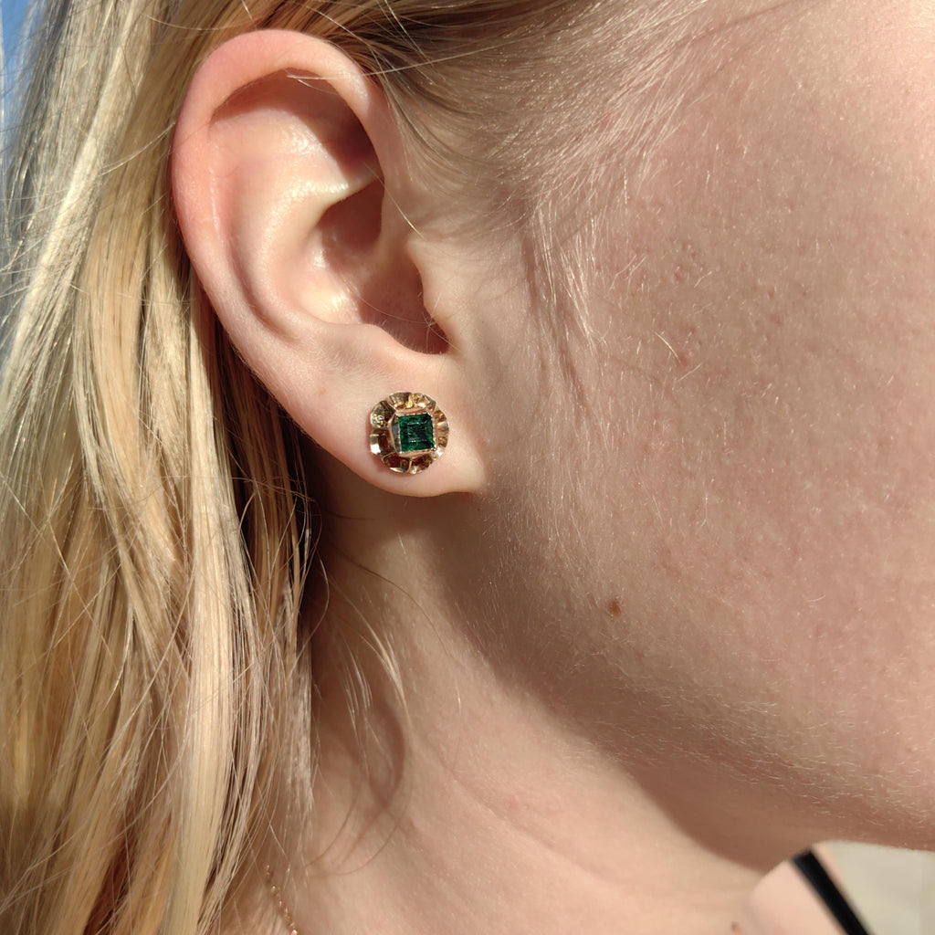 Victorian 1880s Earrings Solid 14k Yellow Gold Green Paste Floral Screw Back Closure  Antique Vintage Earrings Emerald imitation gift her