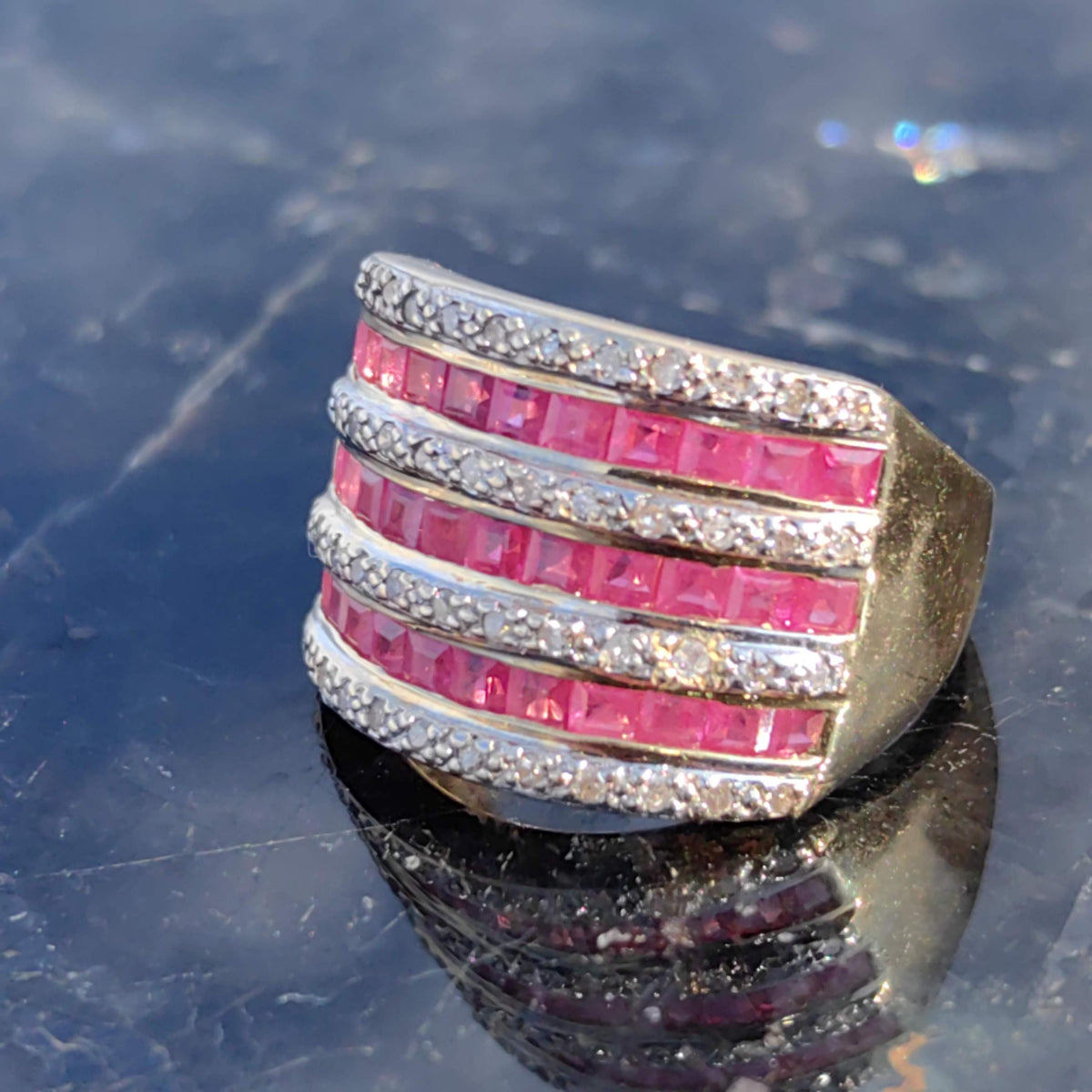 Vintage 18k Solid Yellow Gold Natural Raspberry Red Ruby and Diamond Statement Wide Ring Unisex Size 7.25