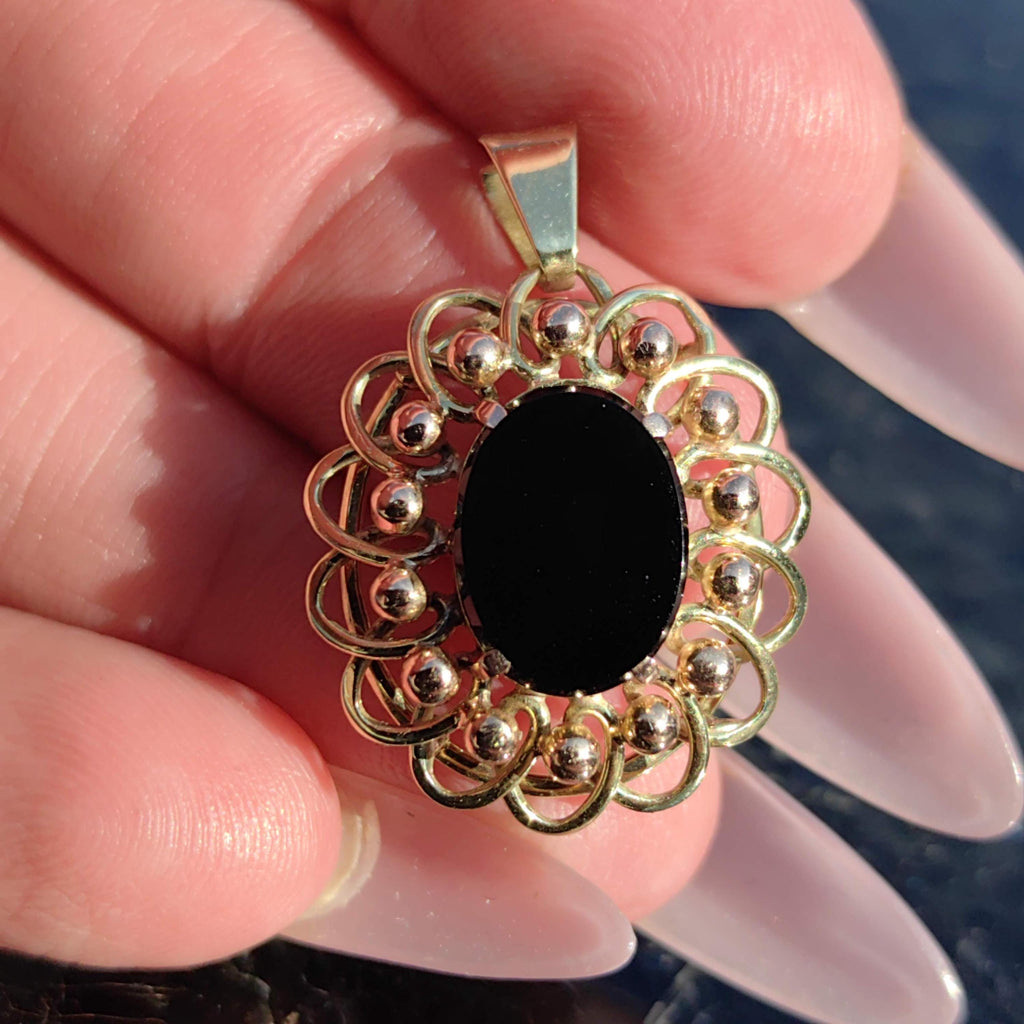 Vintage Black Onyx Yellow Gold Pendant - 1960s Statement Charm