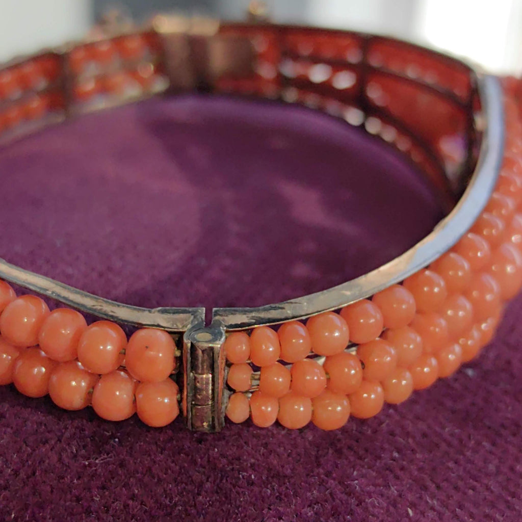Victorian Coral Bracelet Gold Plated Silver Hinged Bangle Antique Coral Bead Statement Jewelry US Duty Free HTS 9706