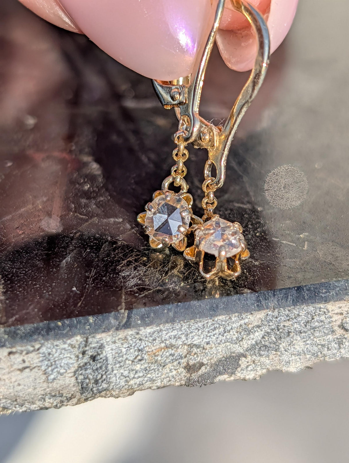 1950s Holland Rose Cut Diamond Dangle Earrings 14k 585 Yellow Gold, Vintage Lever Back Drop Statement Gift for Her