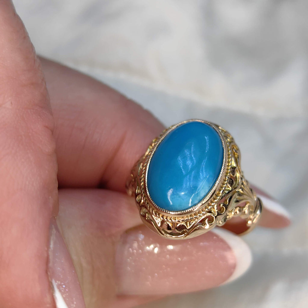 Vintage 14k Solid Yellow Gold Natural Blue Turquoise Ring, Antique 1930s Hand Chiseled Statement Jewelry Gift for Her