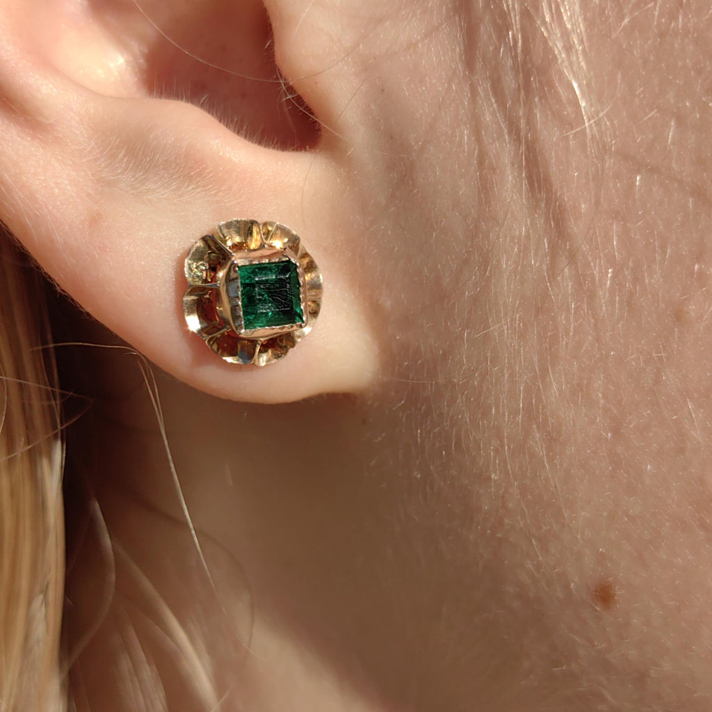 Victorian 1880s Earrings Solid 14k Yellow Gold Green Paste Floral Screw Back Closure  Antique Vintage Earrings Emerald imitation gift her