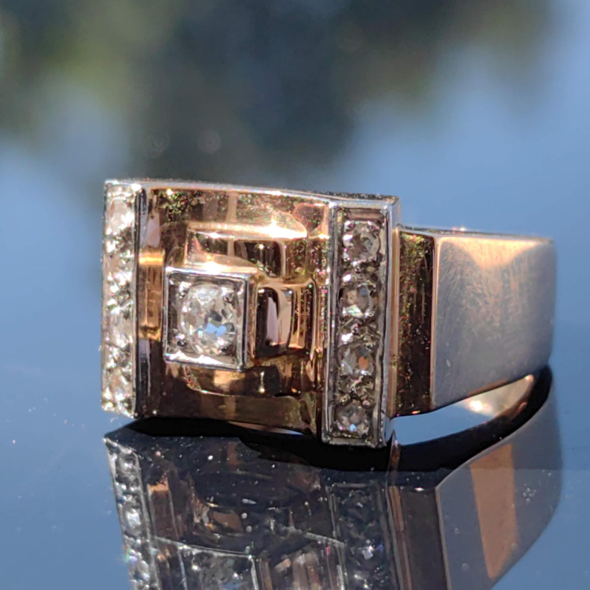 Art Deco Diamond Ring: 18k Gold Unisex Chevalier Statement Ring