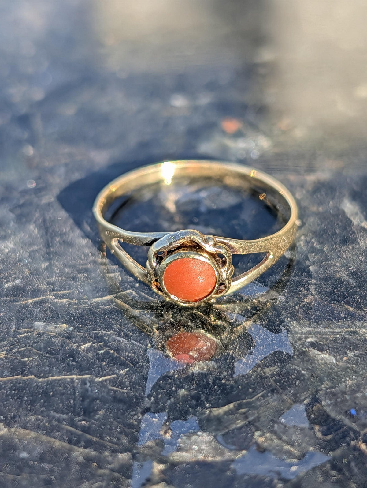 1920s Art Deco 14k Gold Mediterranean Red Coral Ring, Antique Vintage Round Coral Ring, Size 5 3/4 US, 51 EU, Free Resizing