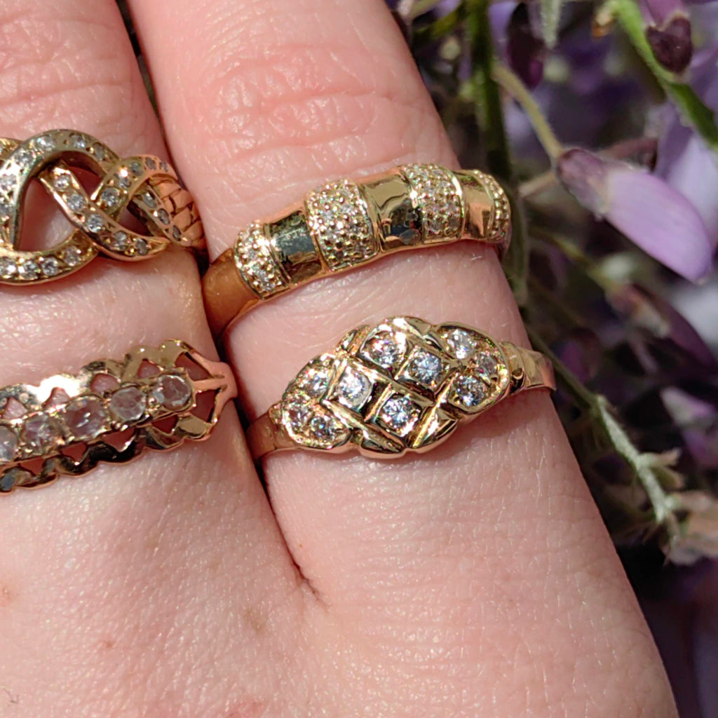 Vintage 18K Gold Diamond Band Ring: 1980s Bamboo Design
