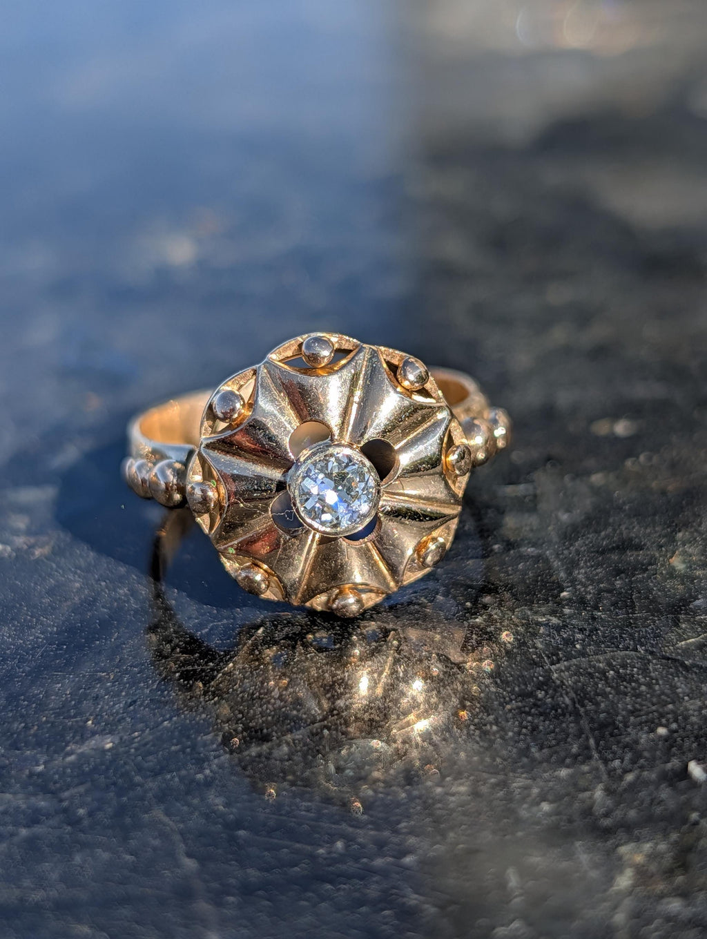 1920s Art Deco Diamond Ring 14k Yellow Gold, Old European Cut Diamond Statement Ring, Antique Floral Ring US 8.75