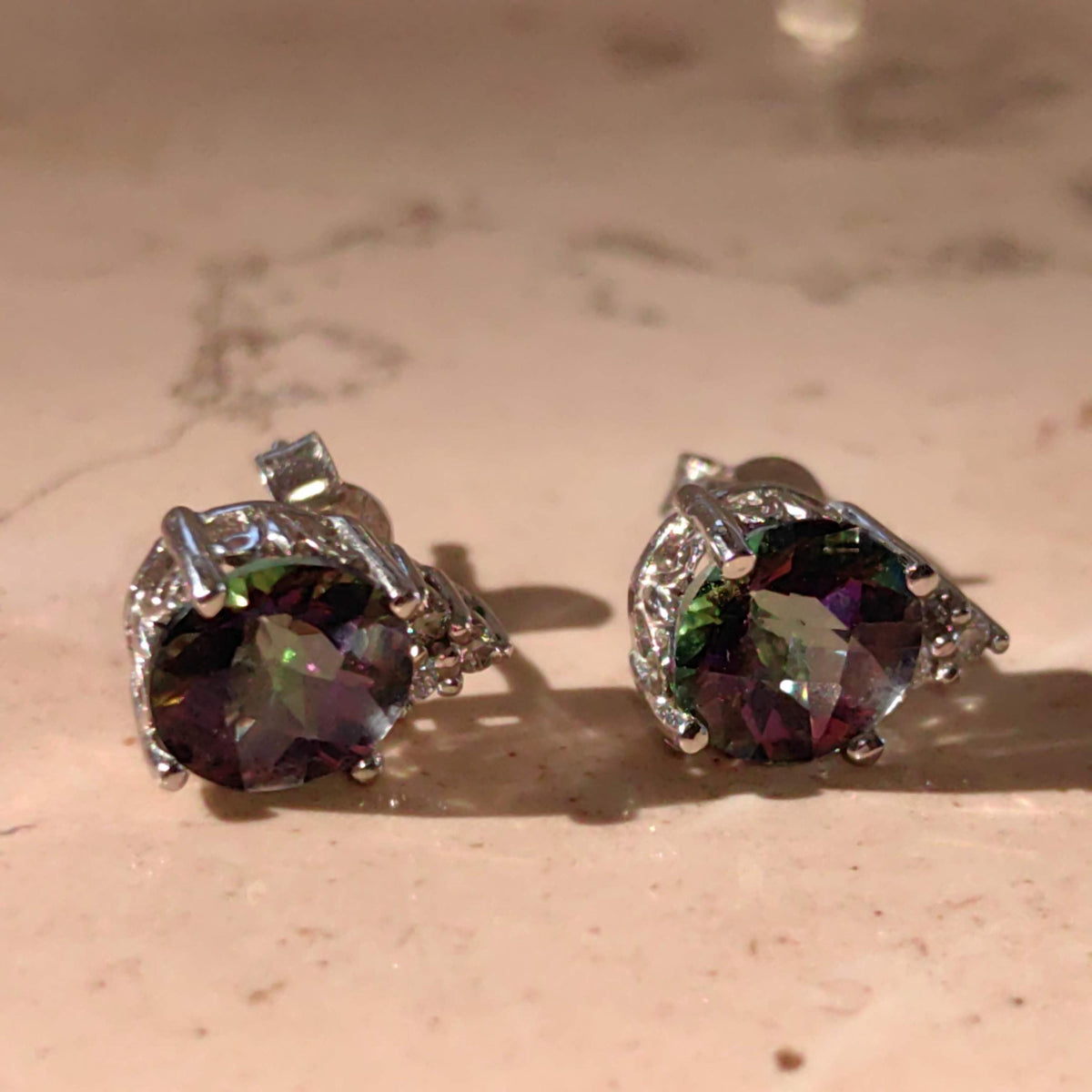 Mystic Topaz Diamond White Gold 14k Solid Gold Stud Cluster Antique Vintage Earrings