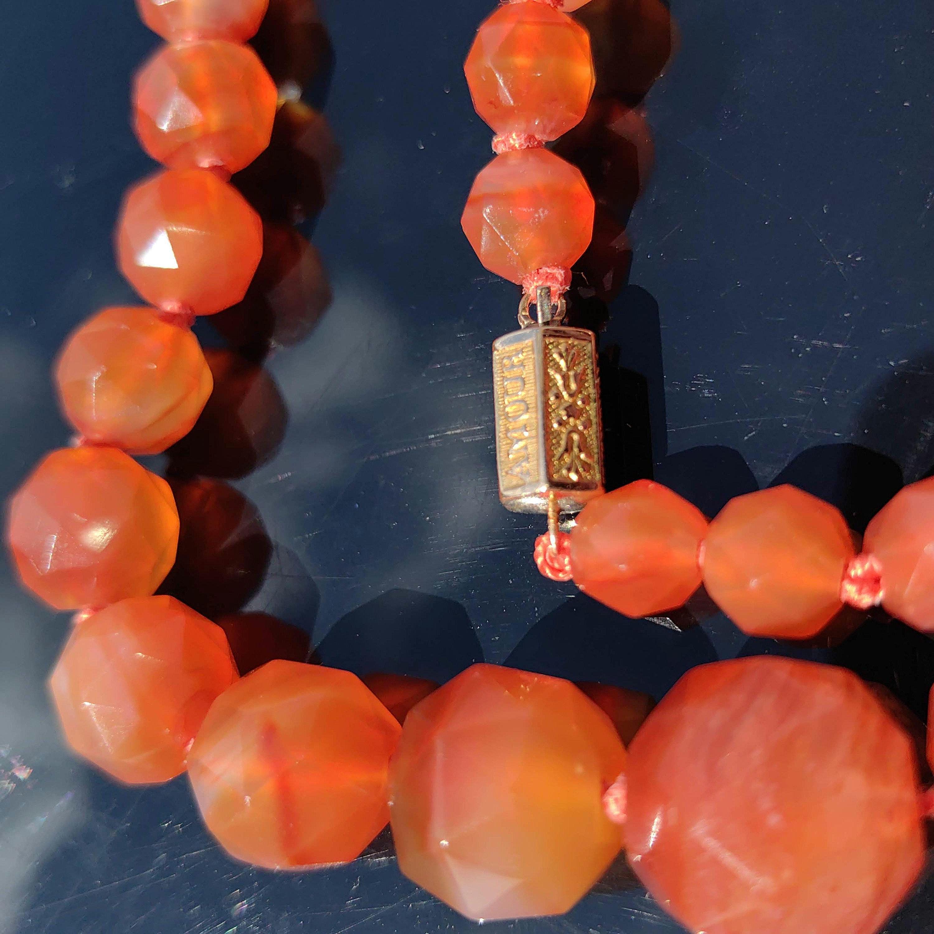 Antique Orange Agate Beaded Necklace: 14k Gold Amour Love Lock