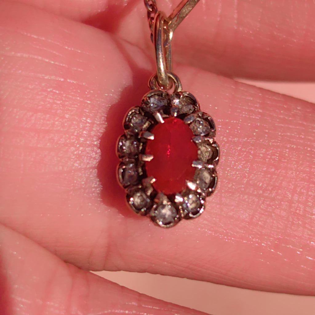 Victorian Fire Opal Pendant: 14k Yellow & Rose Gold Diamond Charm