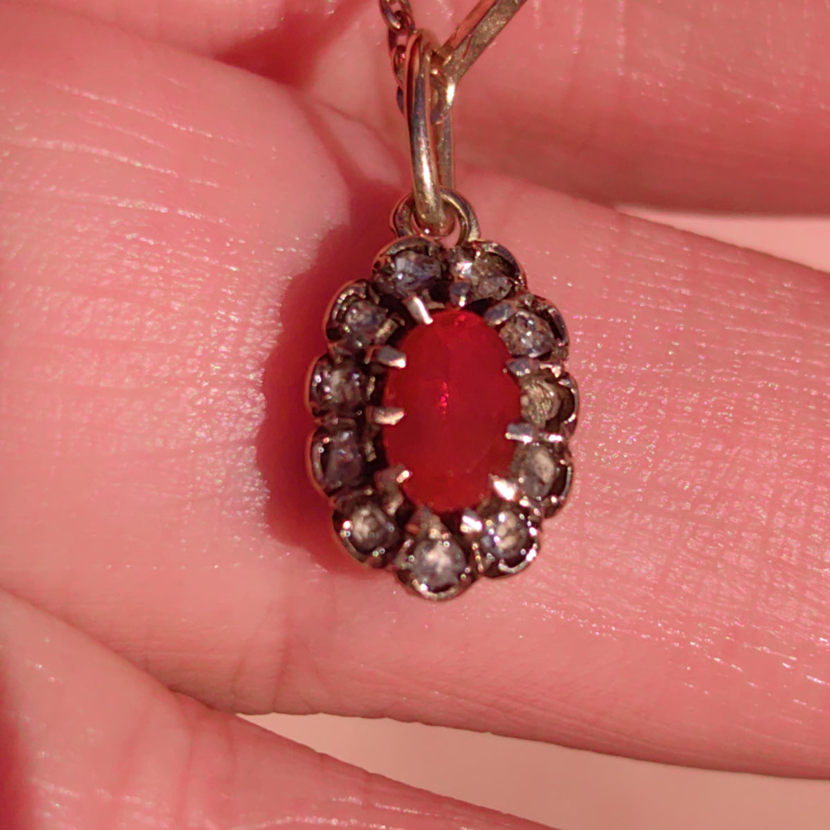 Victorian Fire Opal Pendant: 14k Yellow & Rose Gold Diamond Charm
