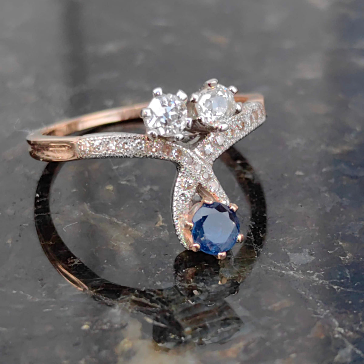 Art Nouveau Sapphire Diamond Ring: 14k Gold Floral Design