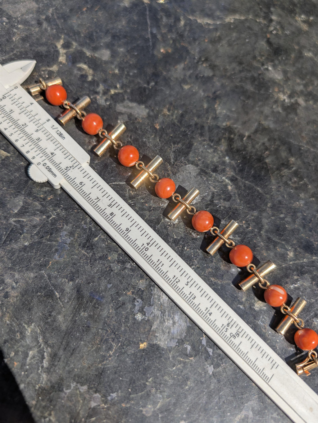 Antique 18kt Champagne Gold Natural Coral Bracelet, Hungarian Import Hallmarked Chain, Red Orange Mediterranean Coral Chic Boho Gift Her Him