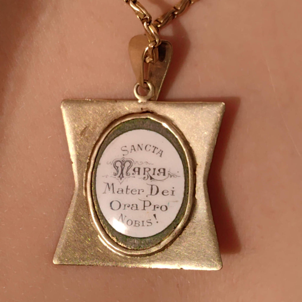 Art Nouveau 14K Gold Madonna Pendant: Antique Hand-Painted Enamel