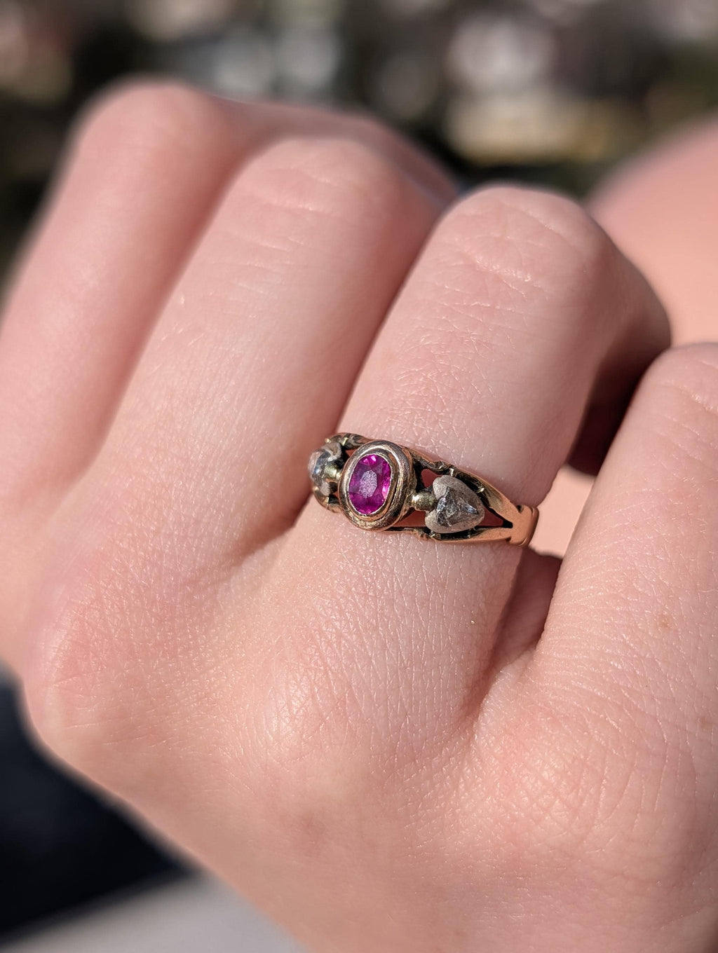 Victorian Ruby Rose Cut Diamond Ring 14k Yellow Rose Champagne Gold Silver, Antique 1890s Gypsy Alliance Band Engagement Gift for Her