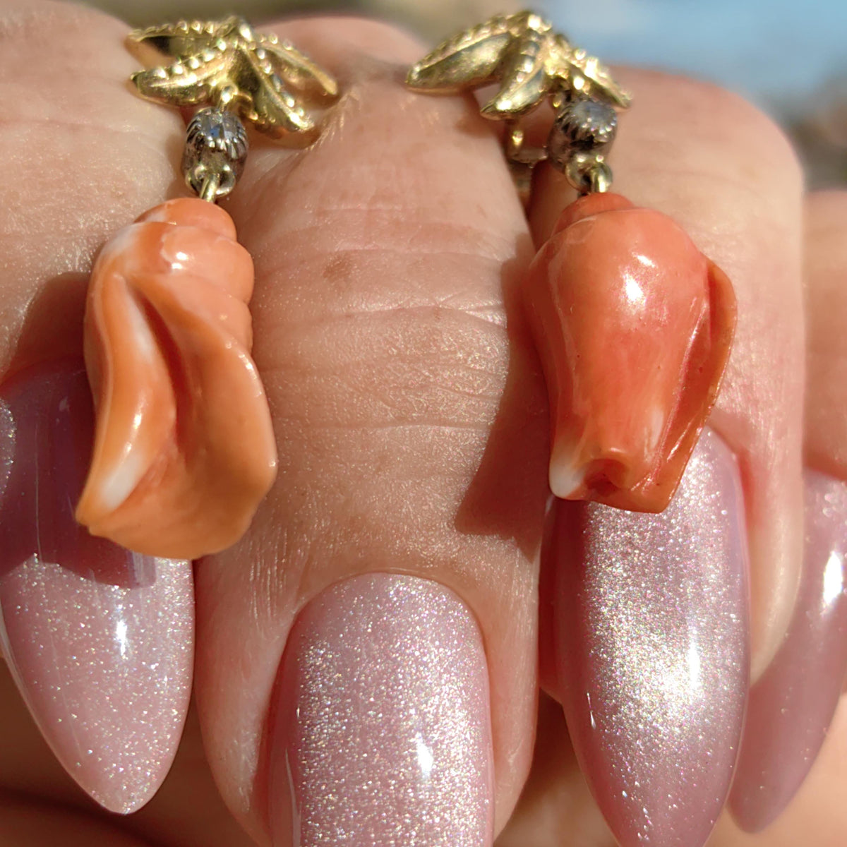 Gold and Mediterranean Red Coral Diamond Starfish Shell Shaped Ocean Sea Nautical Elegant Vintage Antique Earrings Gift for Her Mum Present
