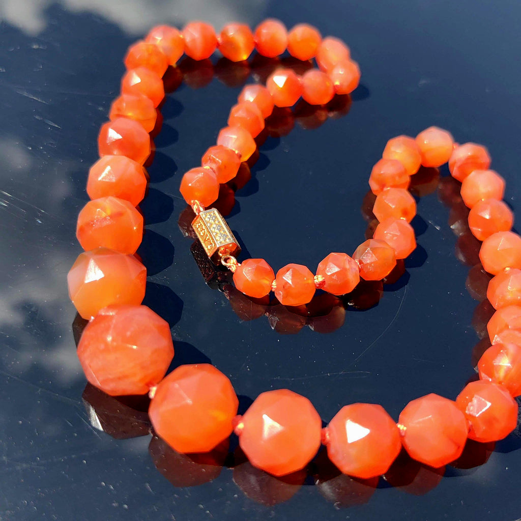 Antique Orange Agate Beaded Necklace: 14k Gold Amour Love Lock