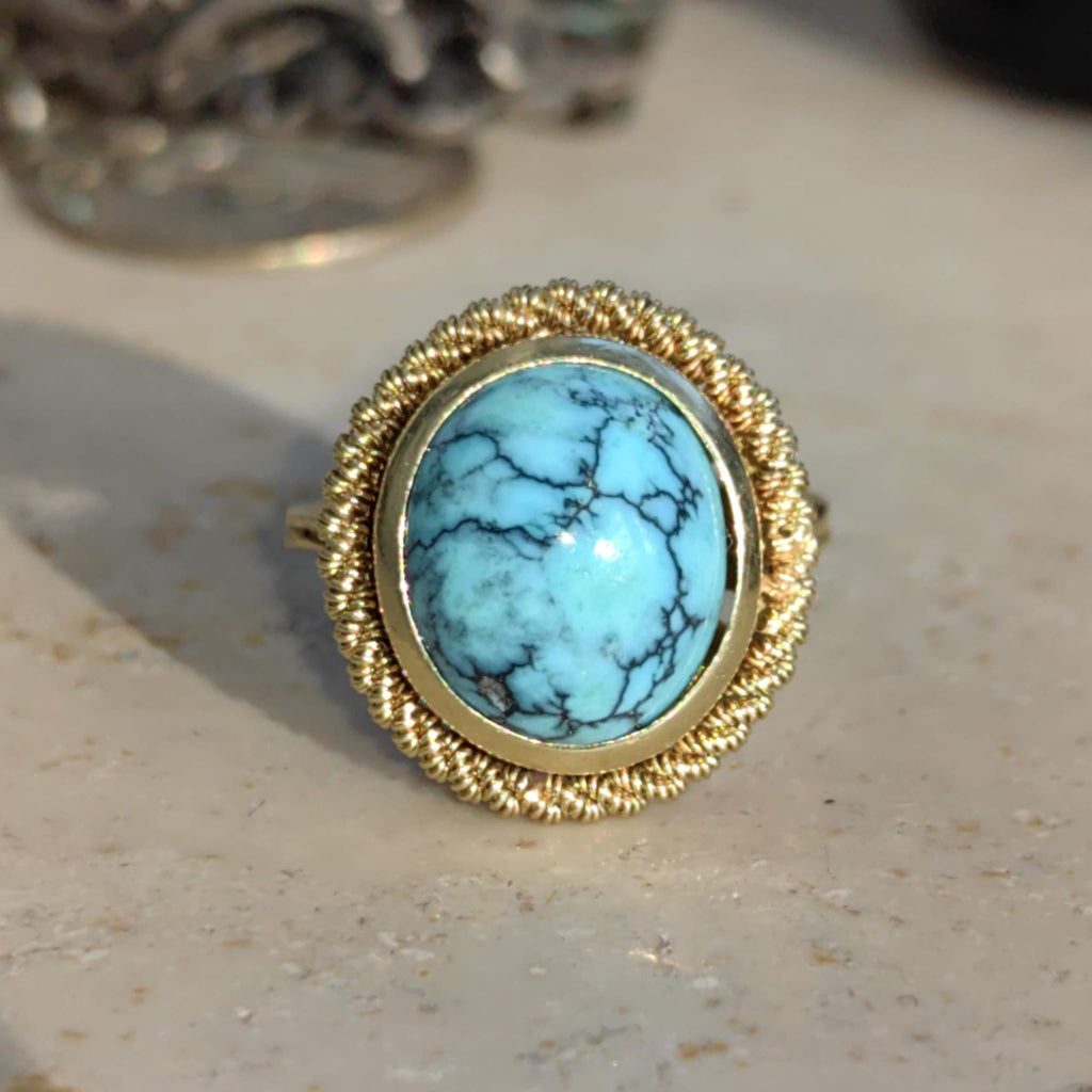 Art Deco 18k Gold Turquoise Ring: Mid Century Statement Jewelry
