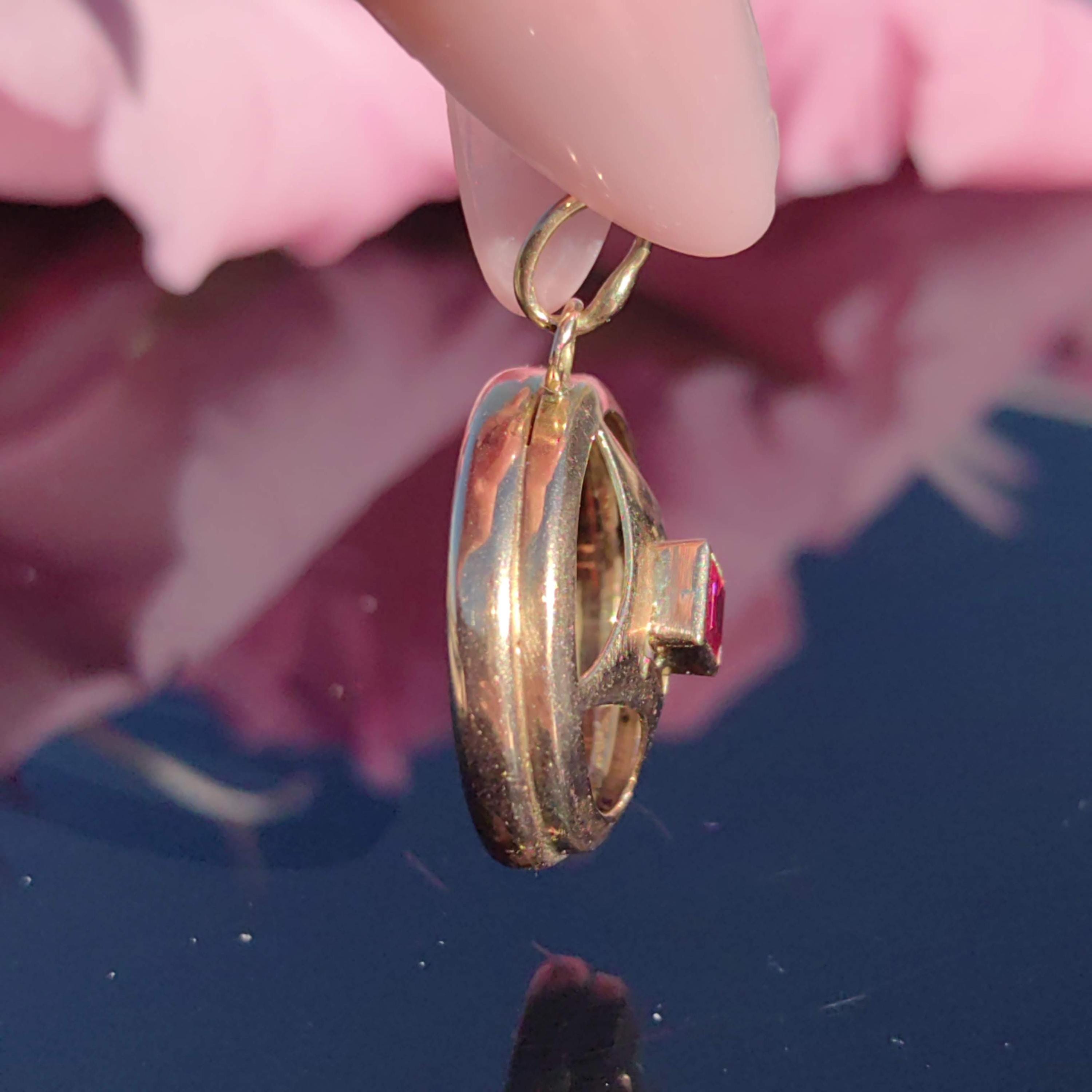 1900s Art Nouveau 14k Solid Yellow Rose Champagne Gold Pendant Lab Grown Ruby Liberty Style Elegant Medallion Gift for Her Present