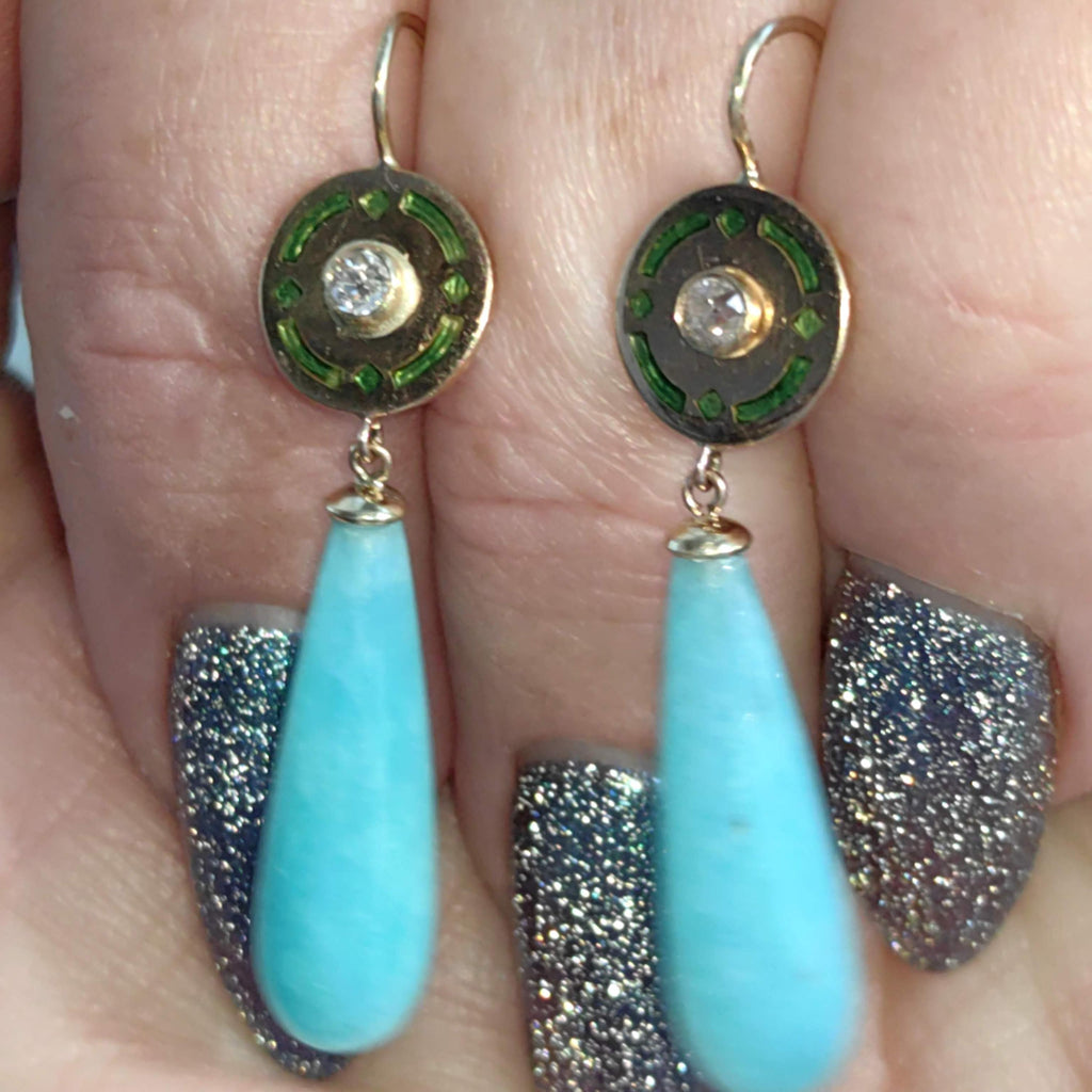 Antique 1900s Art Nouveau Amazonite  and Diamond Solid 14K Yellow Gold Green Enamel Dangle Drop Statement Earrings Elegant Gift for Her