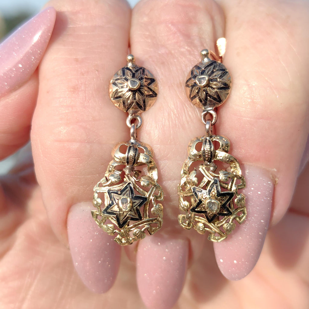 Victorian 18k Gold Diamond David Star Dangle Earrings: Black Enamel Judaica