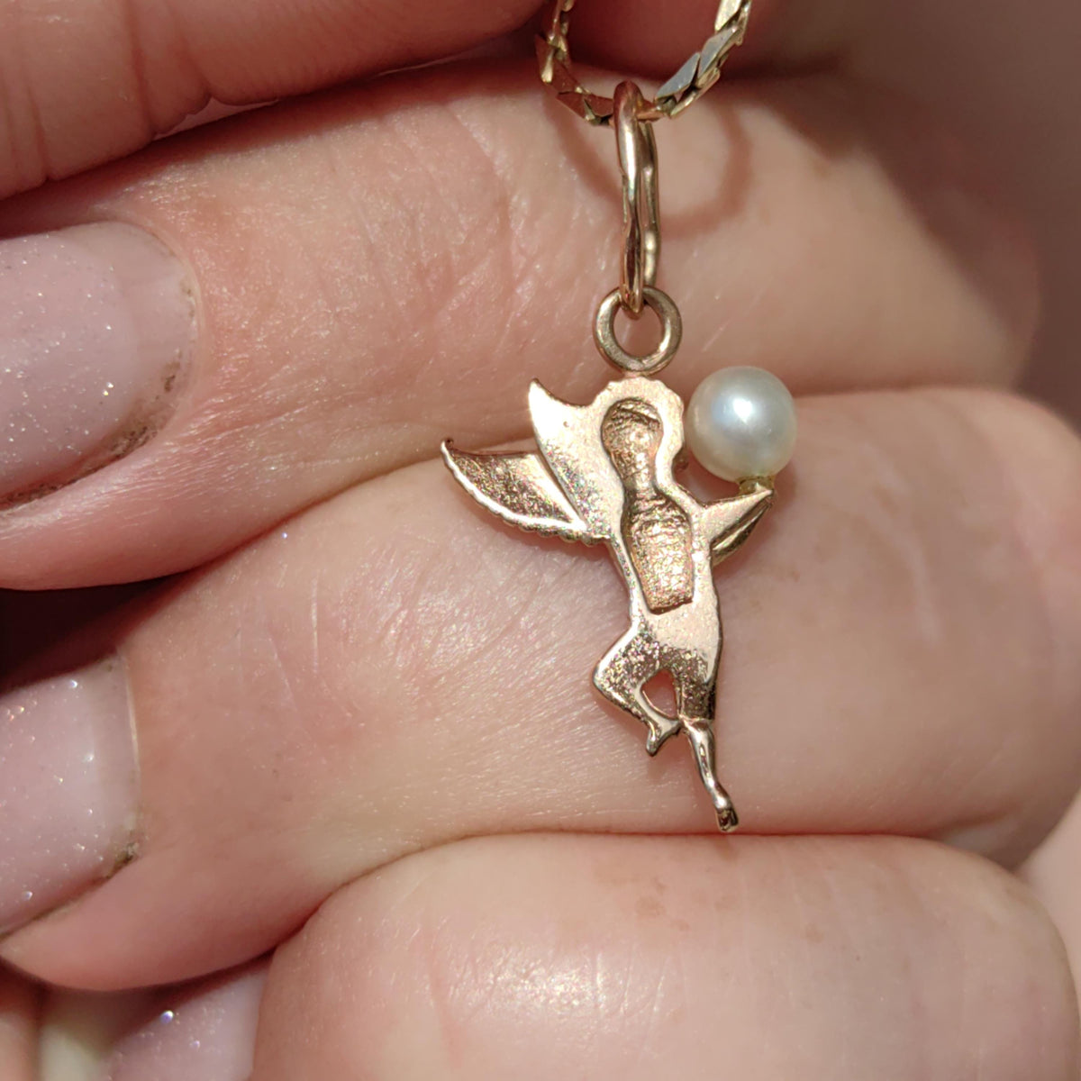 14k Hallmarked  Solid yellow Gold Cherub Cupid Pearl Pendant Valentines Day Vintage Love Charm Necklace Pendant Gift for Her Present