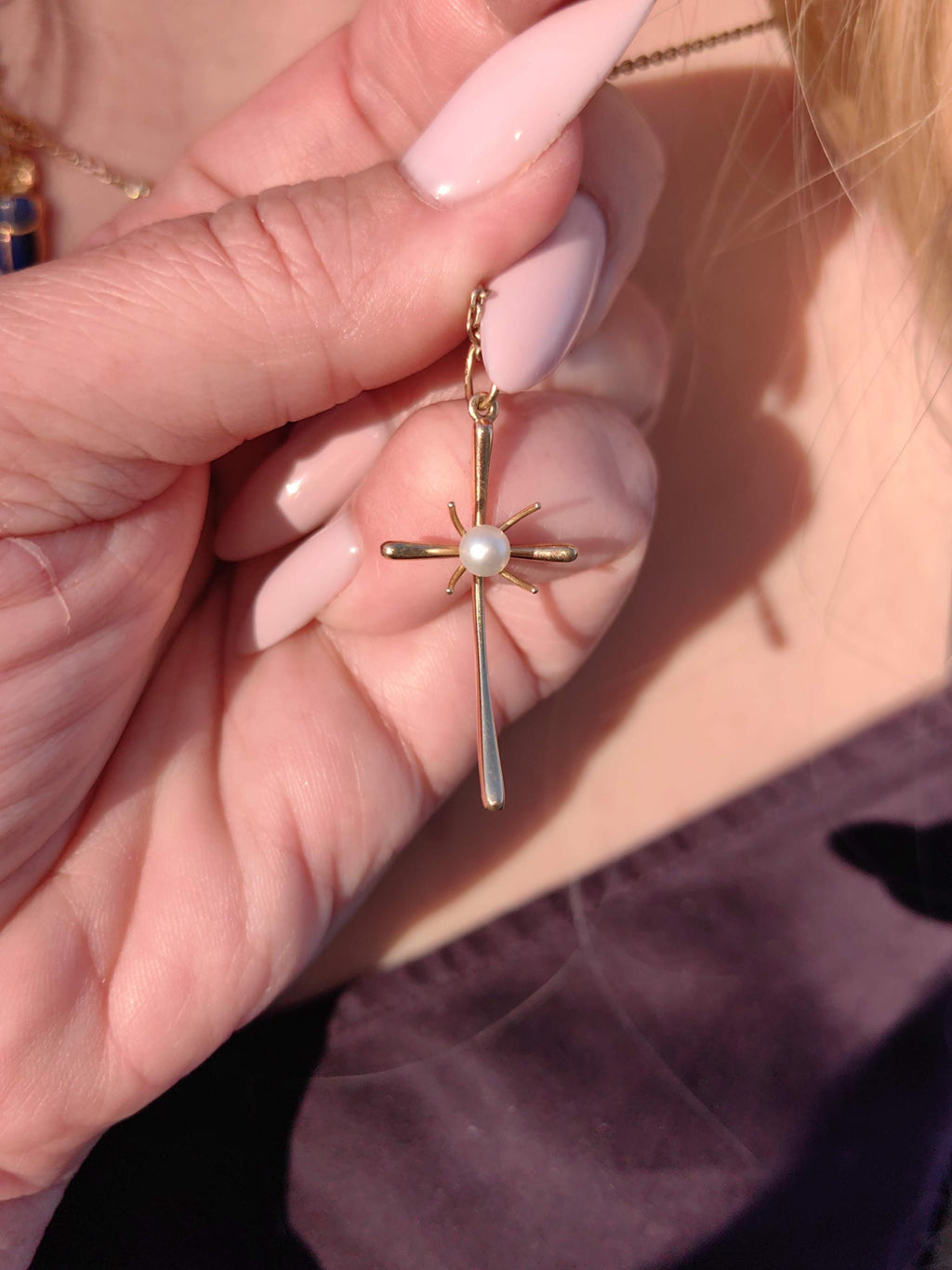 18k Gold Pearl Cross Pendant: Art Deco Christian Jewelry