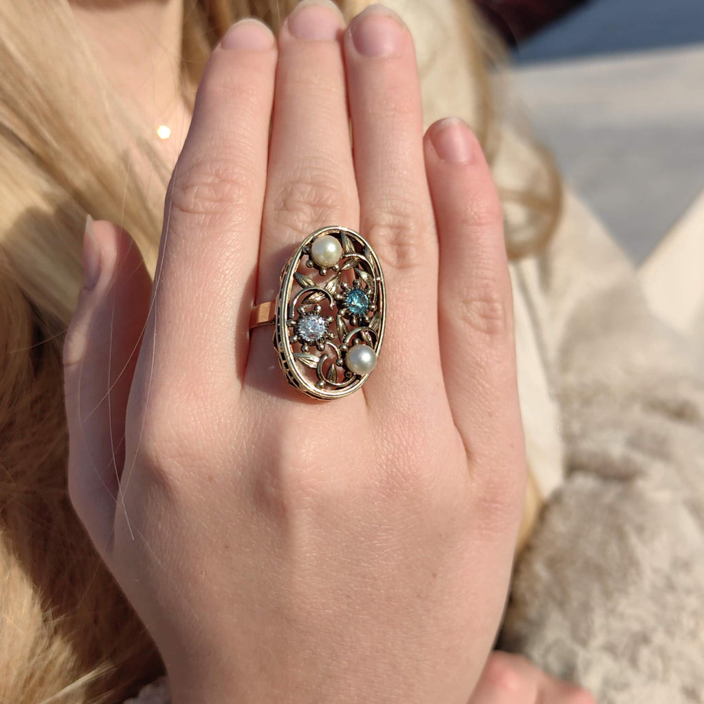 Antique 14k Solid Yellow Rose Gold Art Nouveau 1900s Elegant Ring Diamond, Pearl & Blue Zirconia Floral Handmade Statement Ring