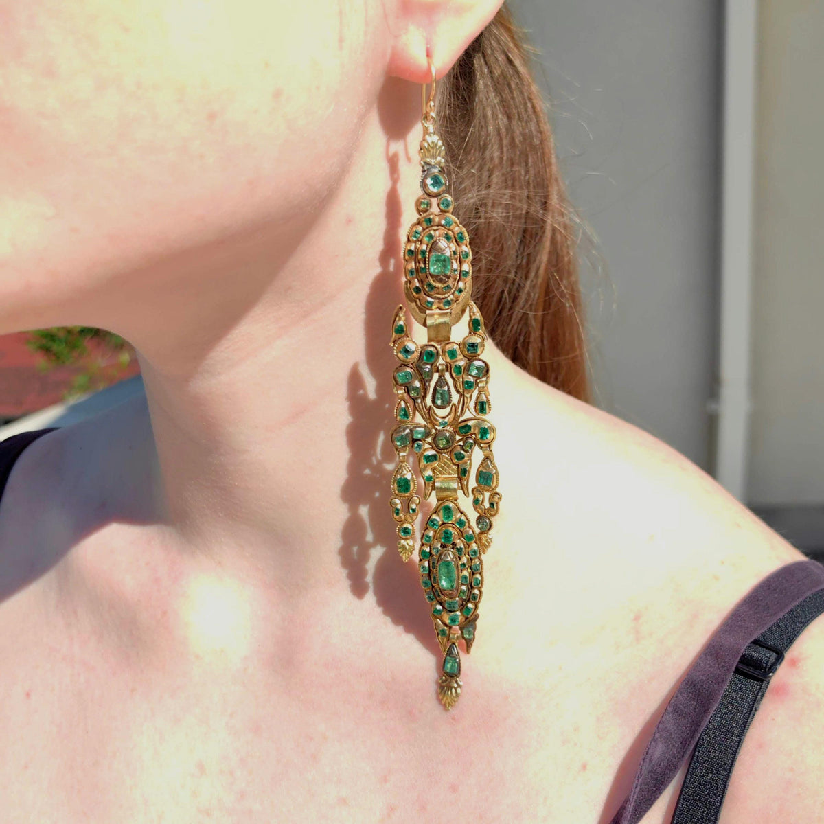 Antique Rococo Emerald Earrings: 18k Gold Baroque Dangle Earrings