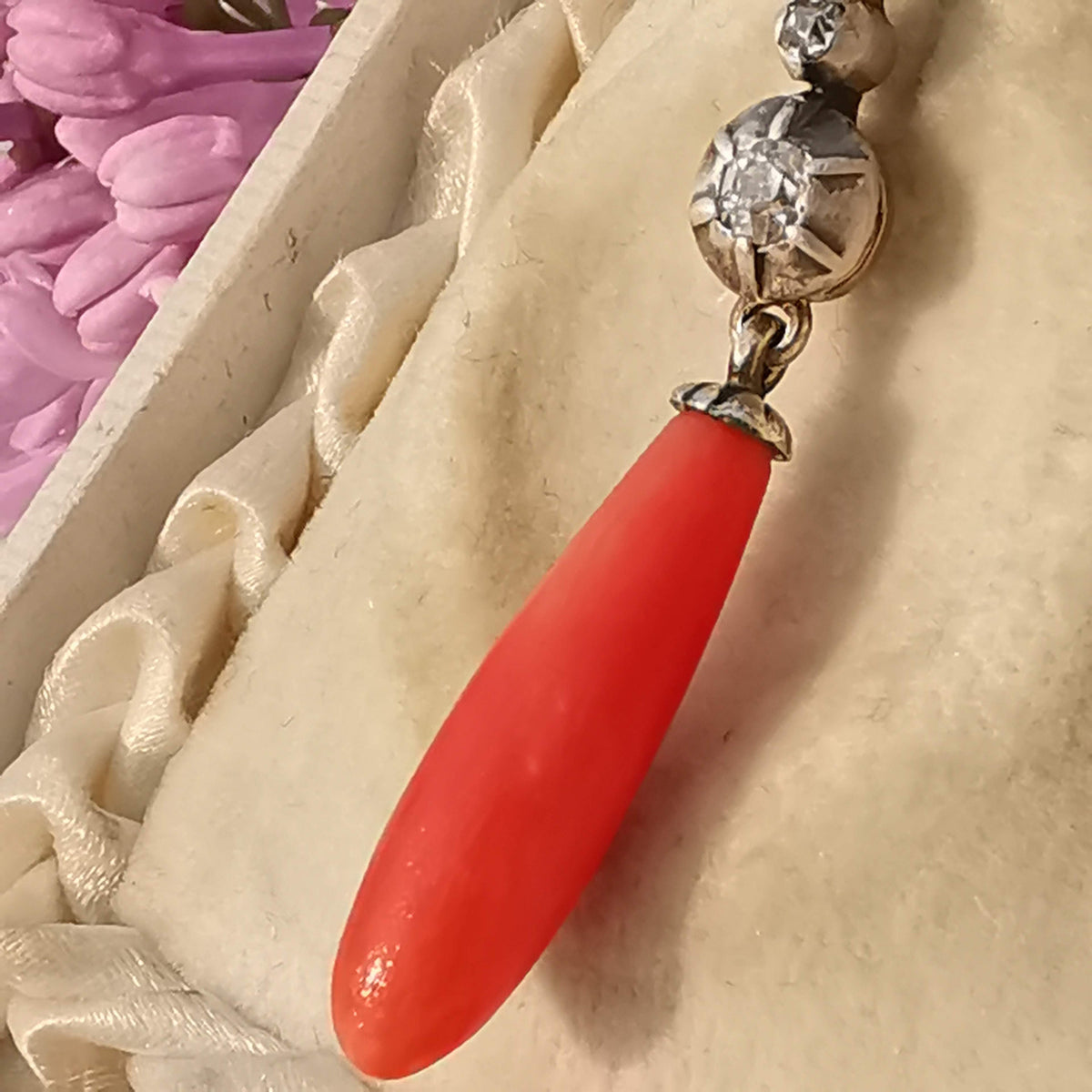 Victorian Red Mediterranean Natural Coral Diamond Pendant 14k Solid Yellow Rose Gold & Silver Antique 1880s Drop Dangle Pendant Charm