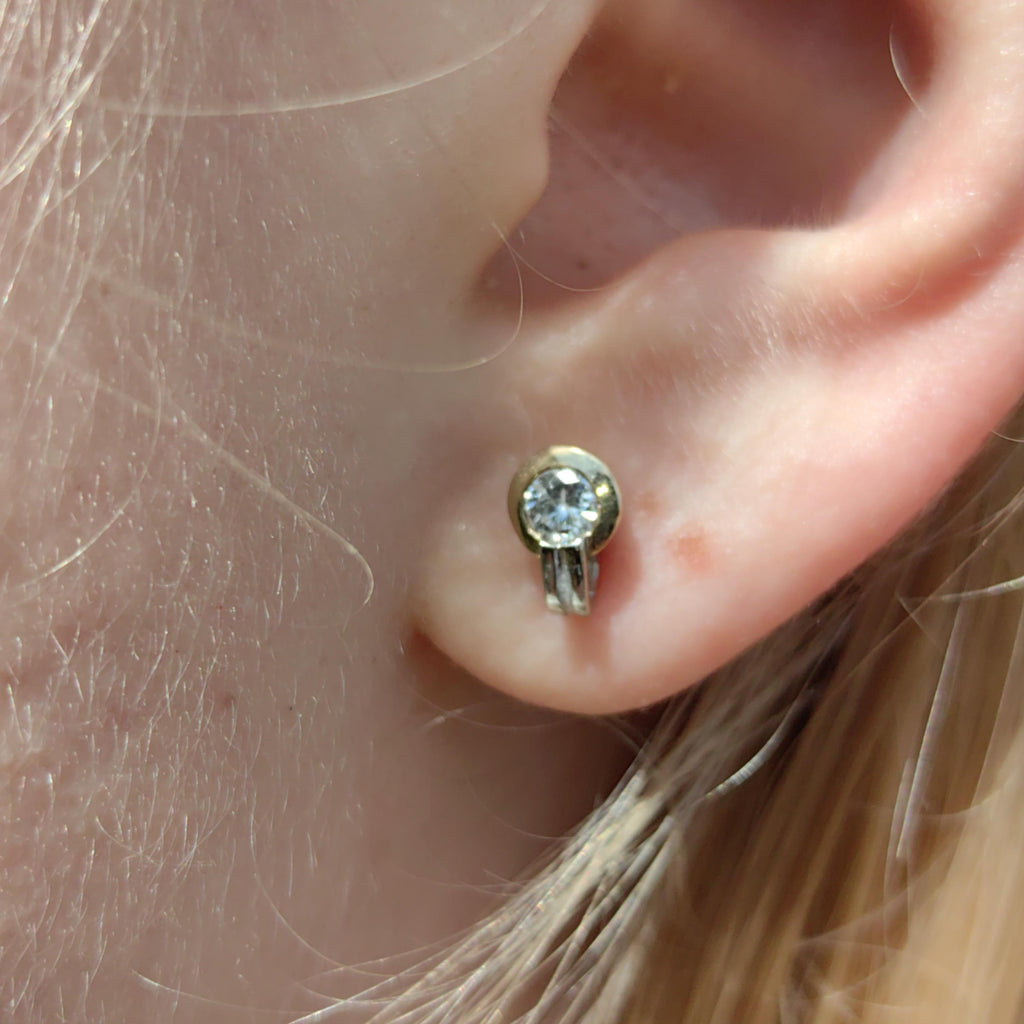 Diamond Stud Earrings: 14k Yellow & White Gold, Vintage Geometric Design