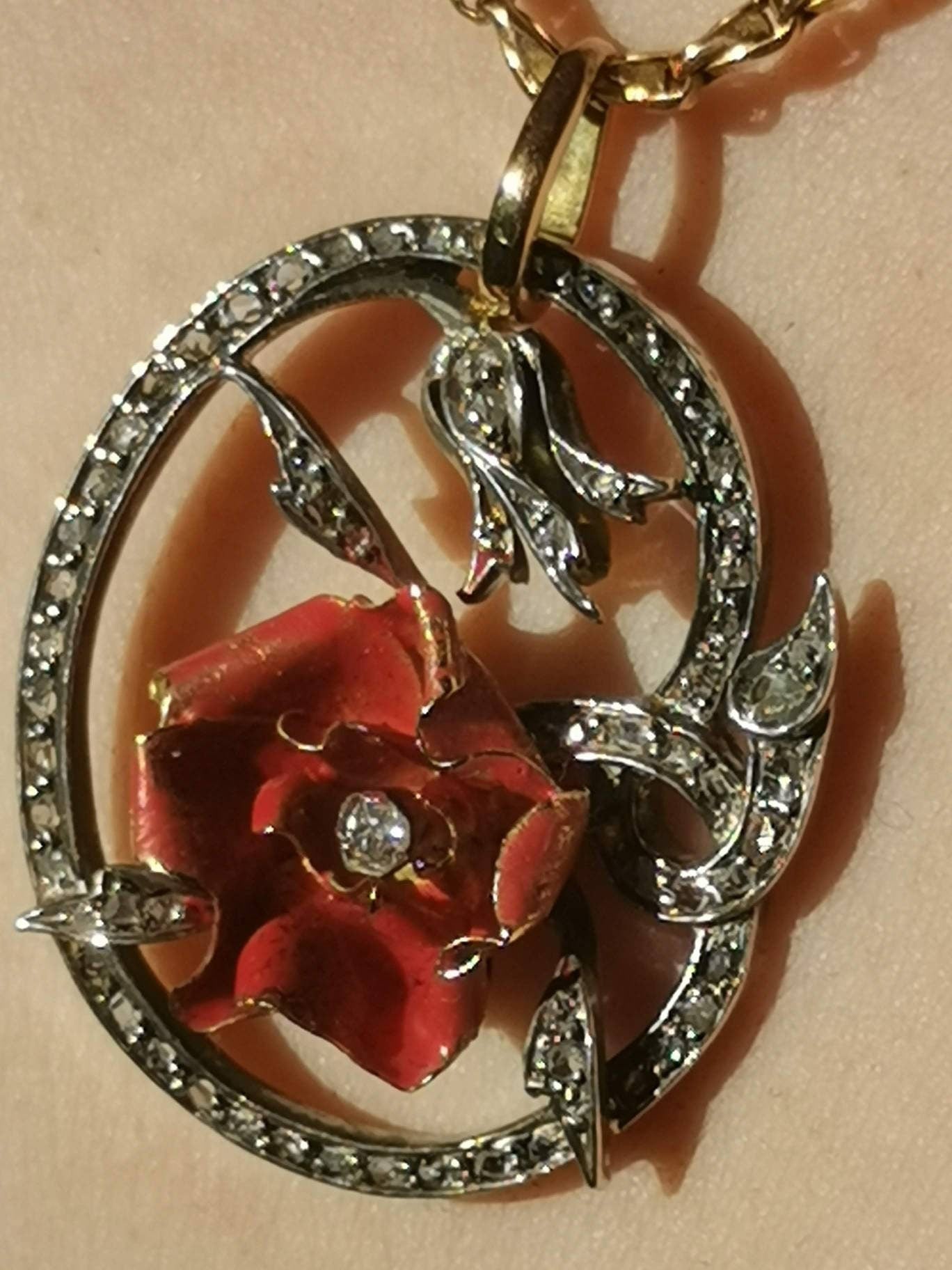 Antique Gold Poppy Flower Pendant Rose Cut Diamonds Red Hand Painted Enamel Art Nouveau Floral Vintage Charm