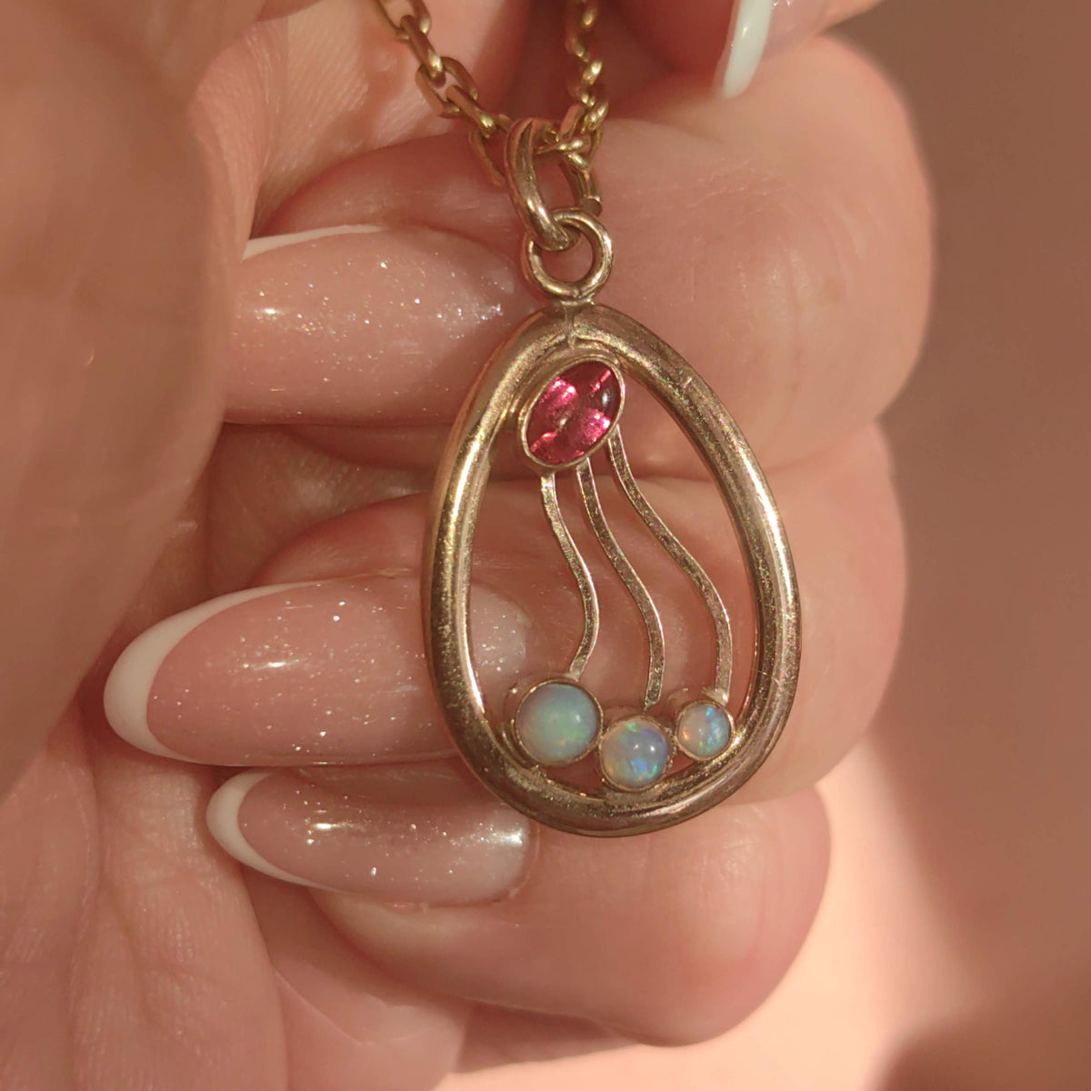 Vintage Opal Gold-Filled Metal Floral Flower Pendant 1900s Art Nouveau Elegant dainty Ruby Charm Necklace Medal Pendant Gift for Her Present