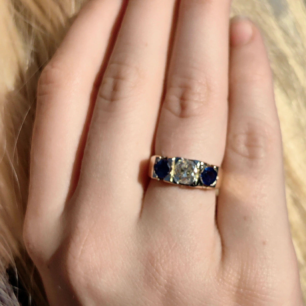 Art Deco 14k Gold Ring: .85ct Old European Cut Diamond & Sapphire