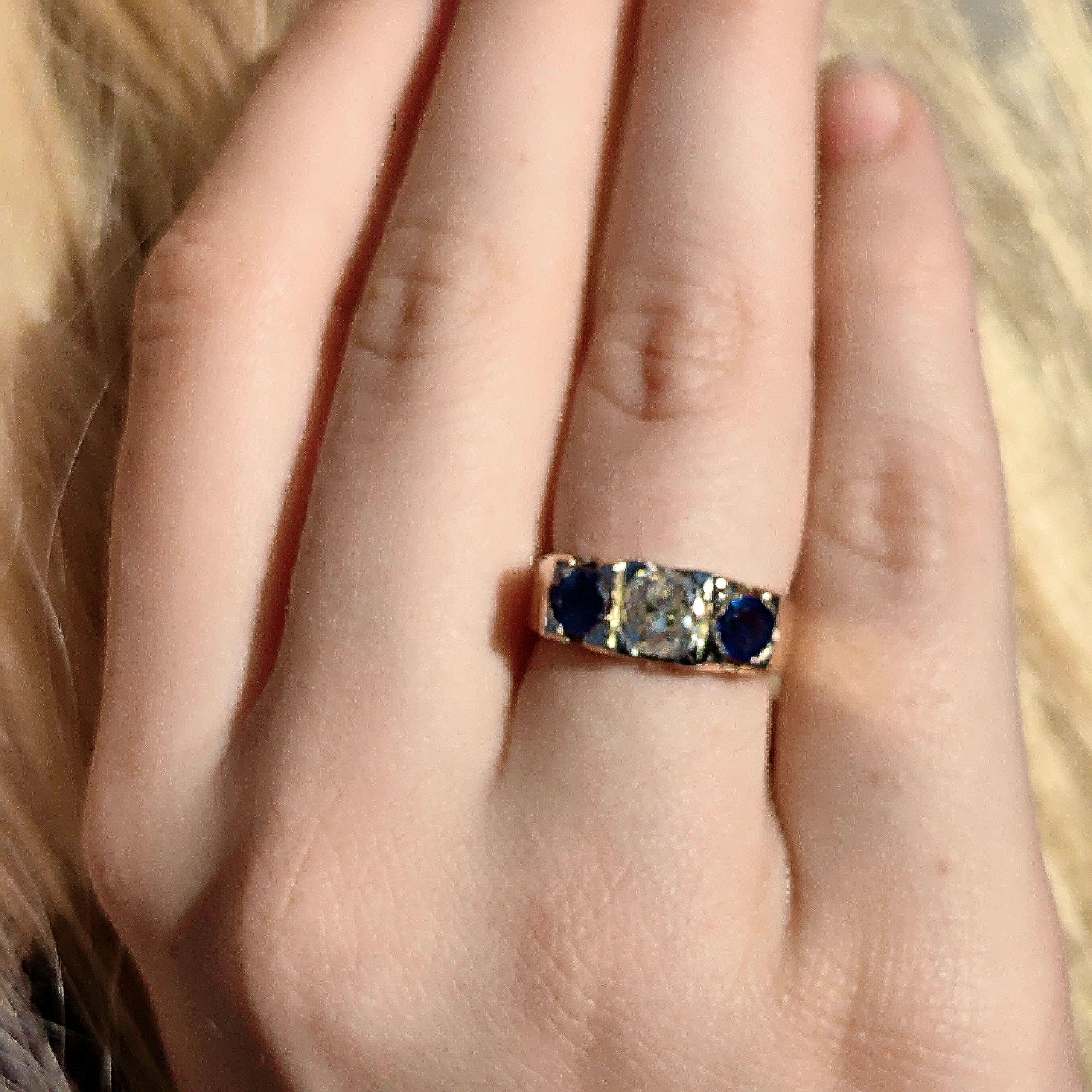 Art Deco 14k Gold Ring: .85ct Old European Cut Diamond & Sapphire